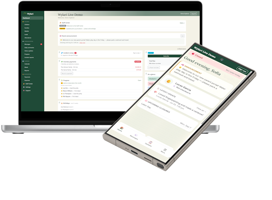 Wylari daycare billing dashboard with overdue tuition flagged