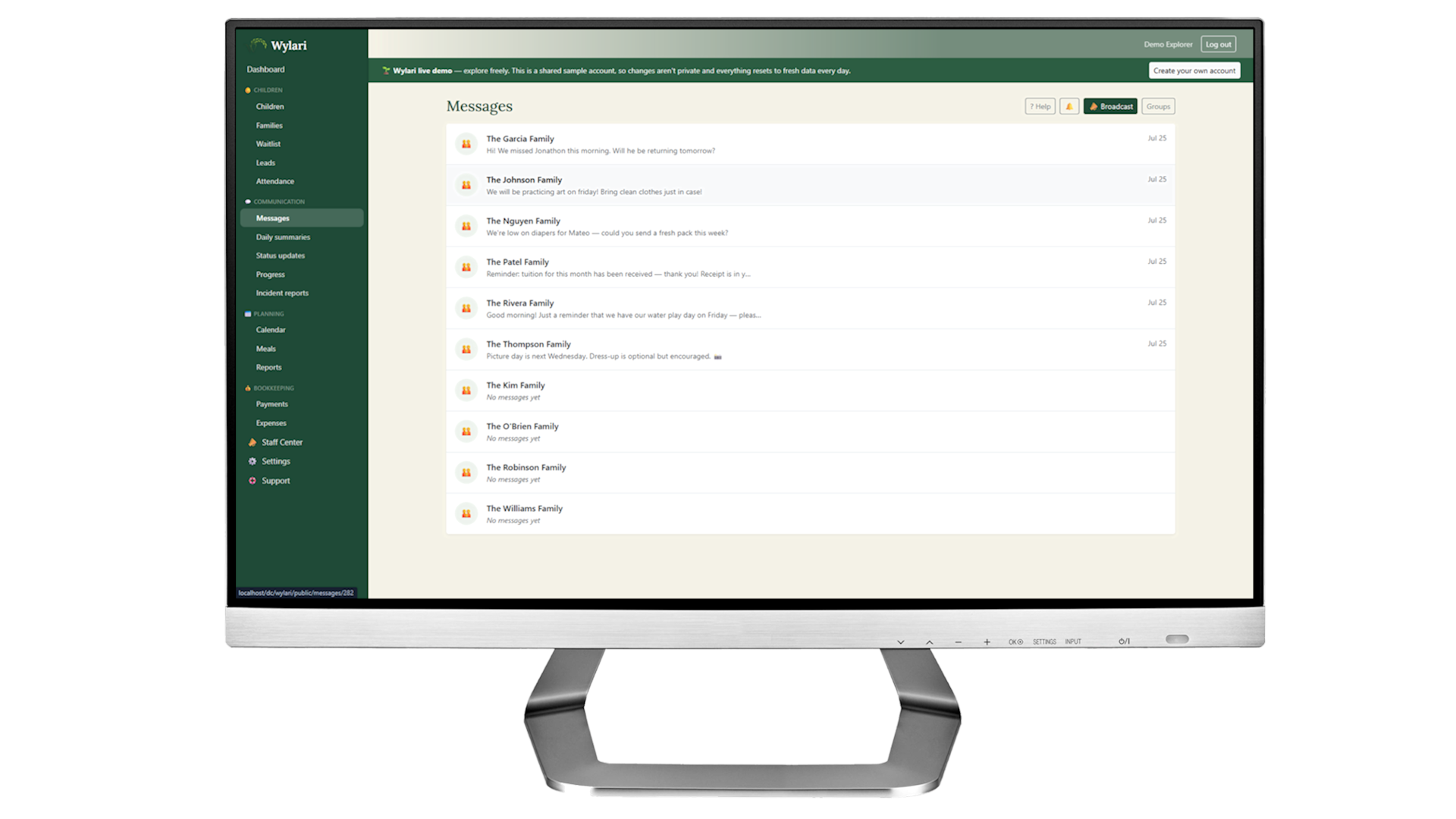 Wylari in-home daycare software — parent messaging