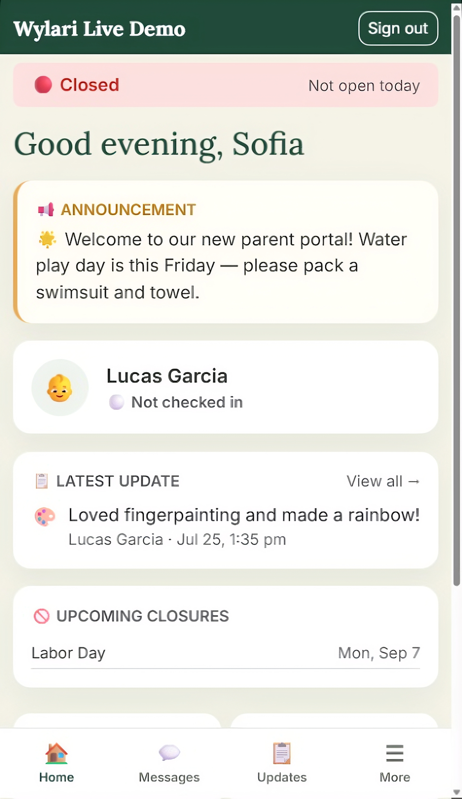 Wylari childcare parent app — daily activity feed