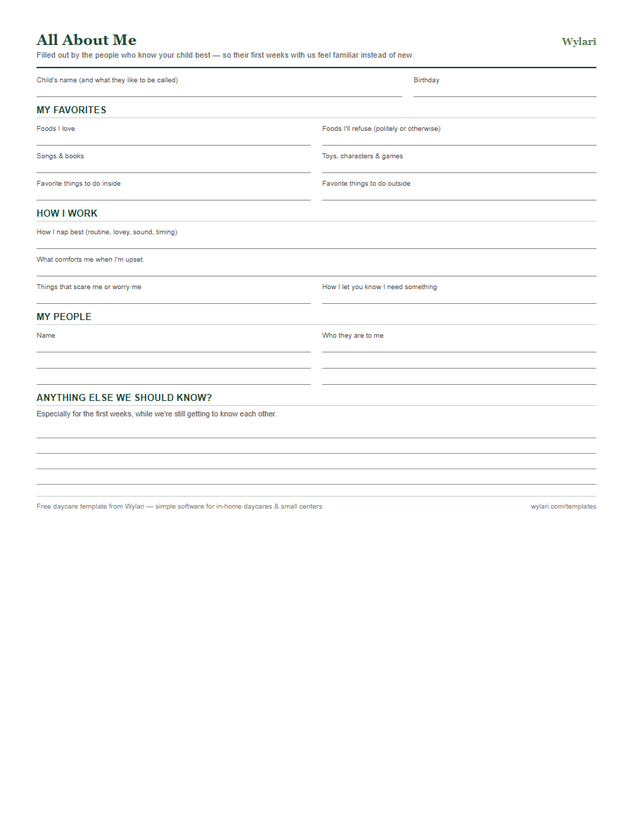 All About Me form template preview