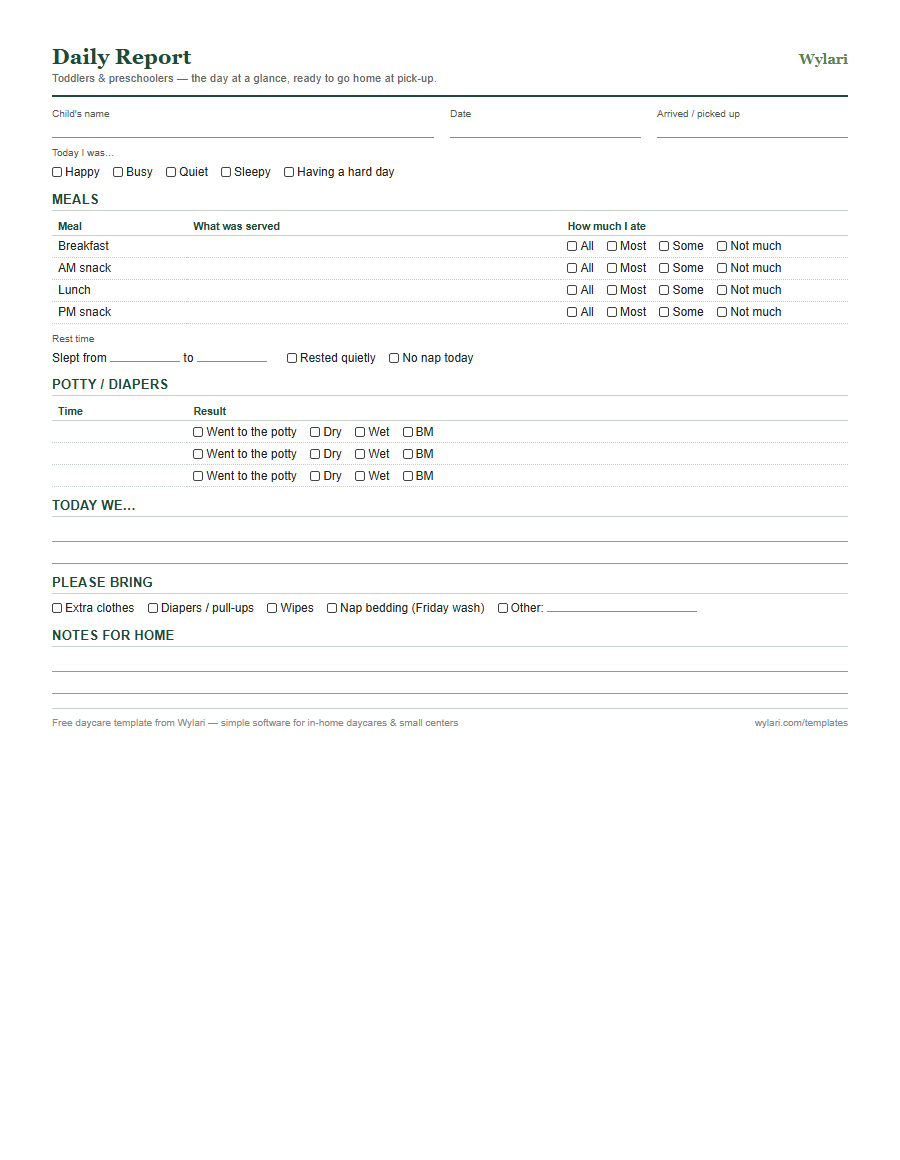 Daily report (toddler & preschool) template preview