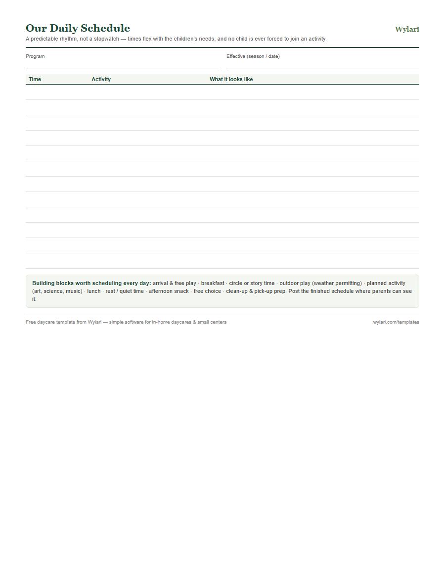 Daily schedule template preview