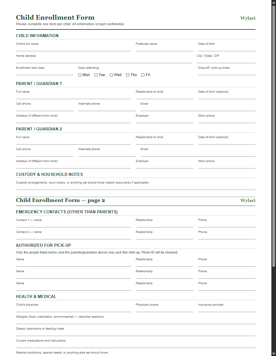 Enrollment form template preview