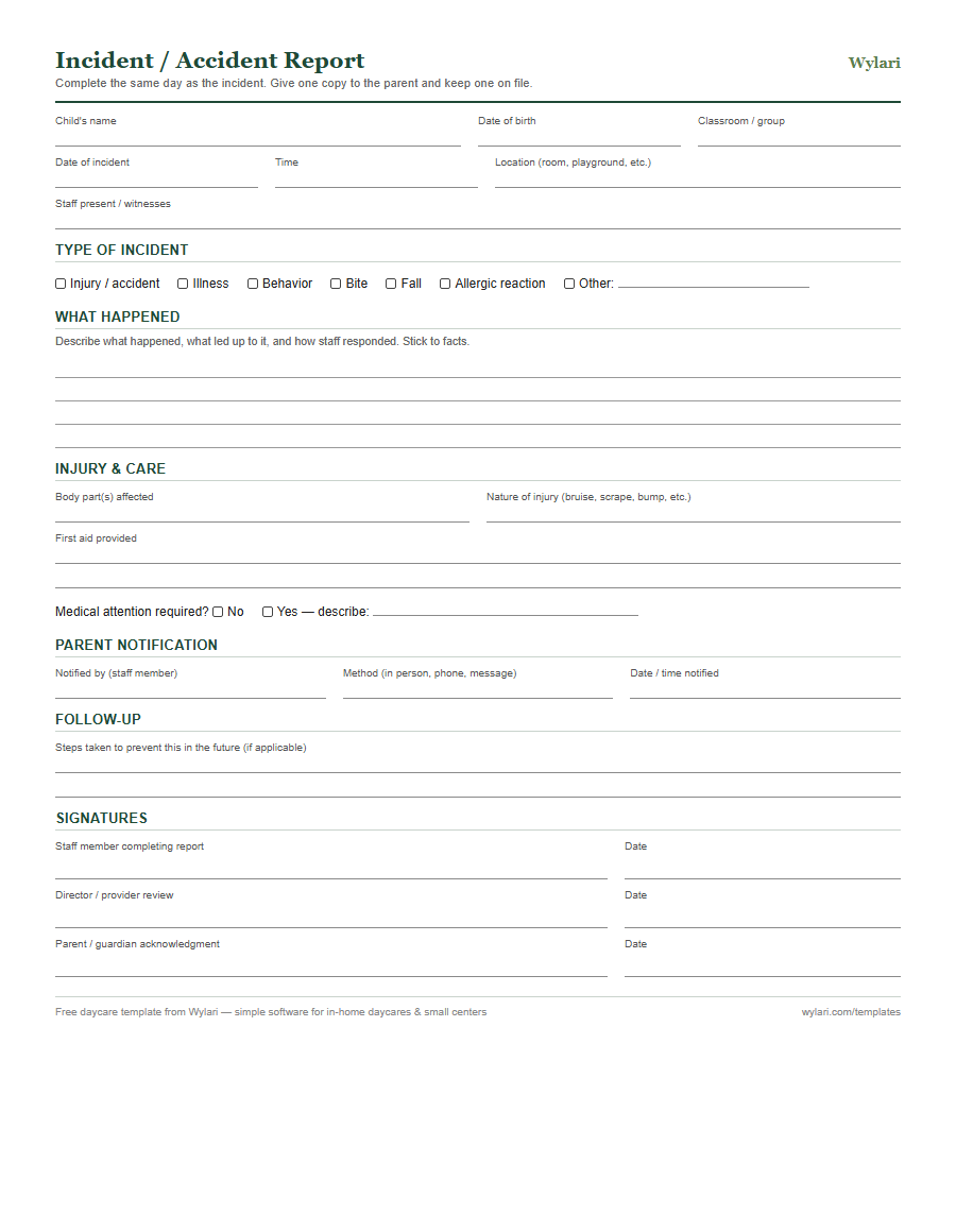 Incident report template preview