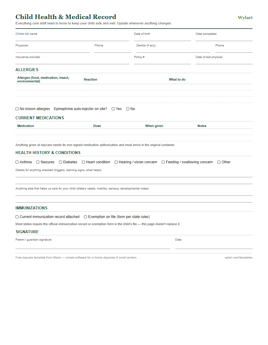 Child health & medical record template preview
