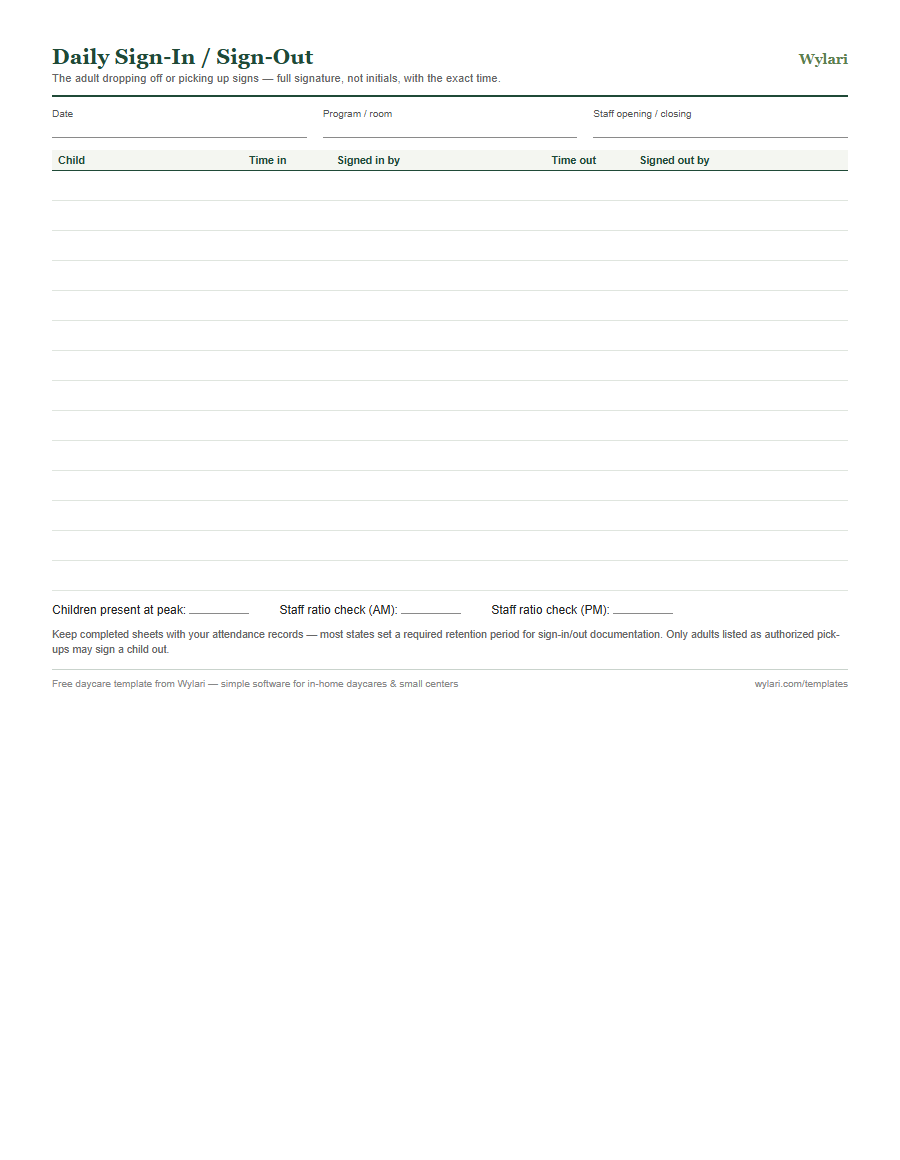Sign-in / sign-out sheet template preview