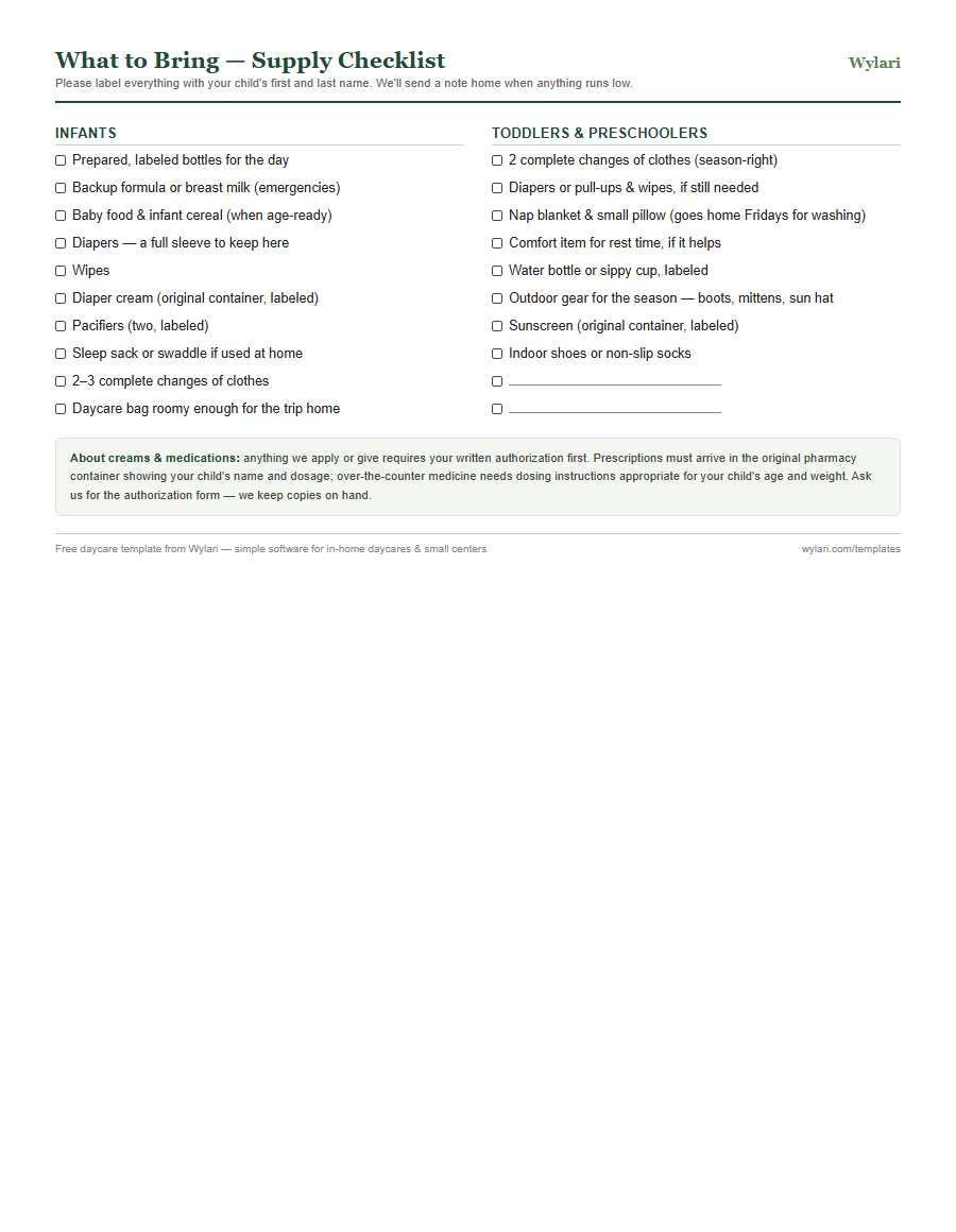 Supply list (what to bring) template preview