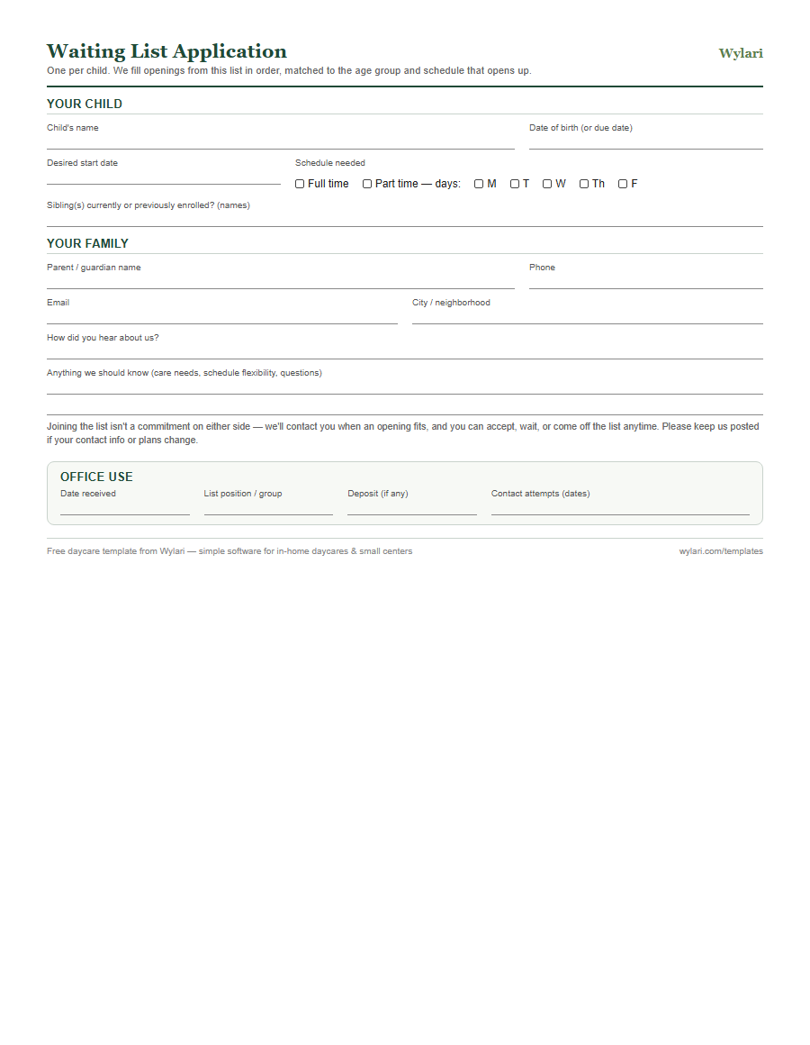 Preview of the free printable daycare waiting list form