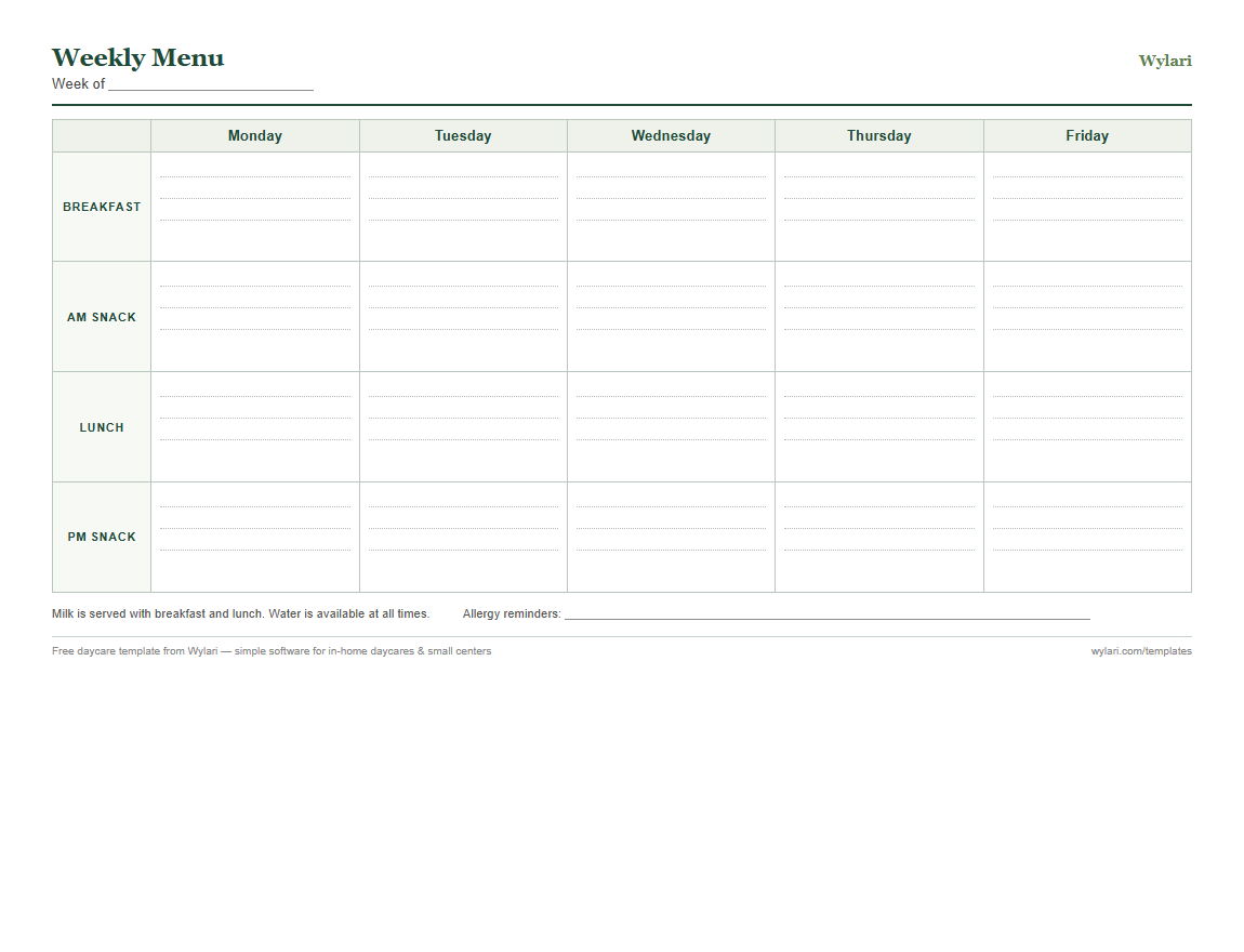 Preview of the free printable daycare weekly menu template