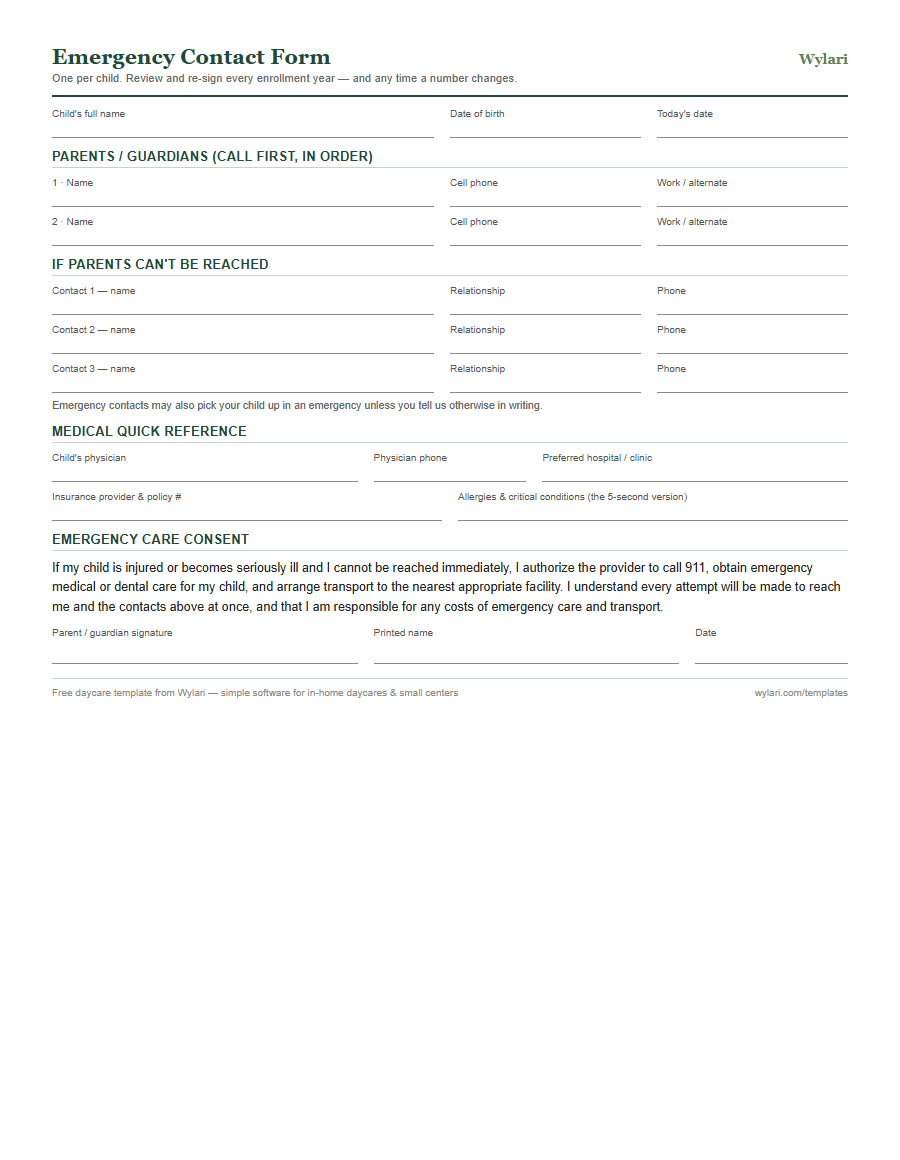 Emergency contact form template preview