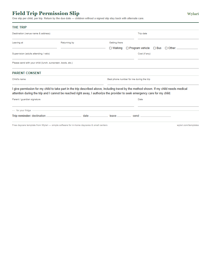 Field trip permission slip template preview