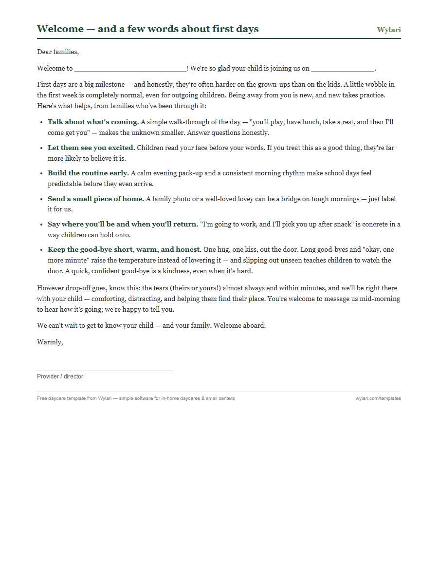 First-day welcome letter template preview