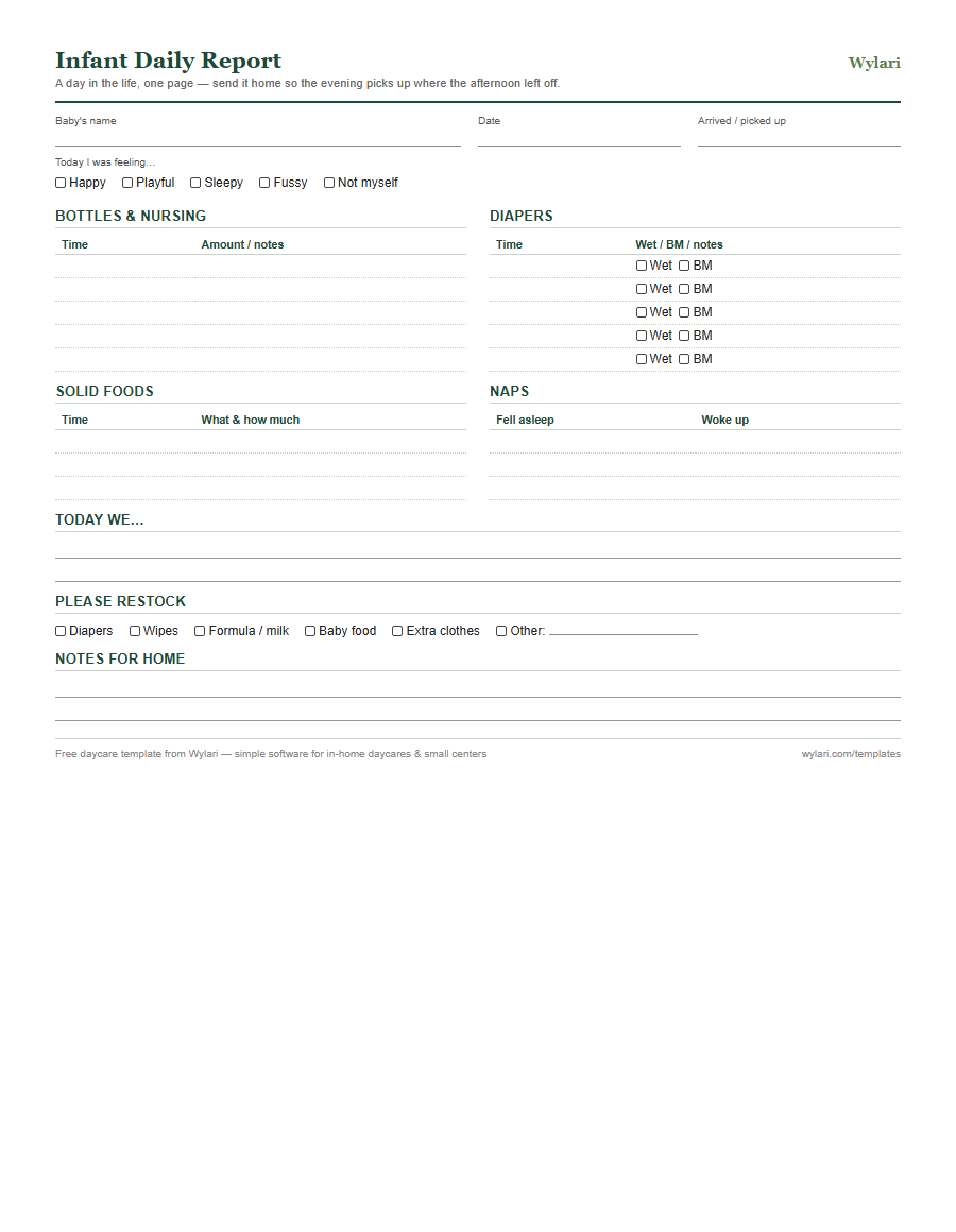 Infant daily report template preview