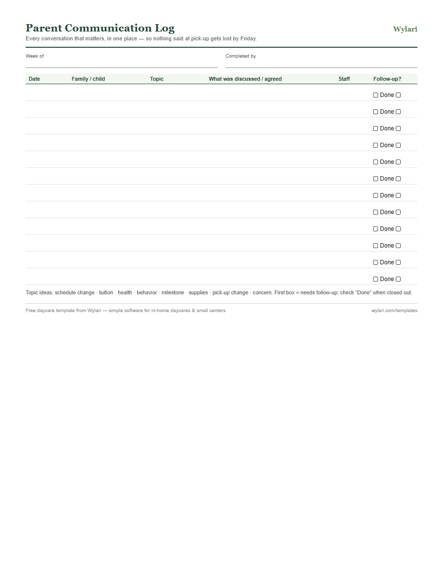Parent communication log template preview