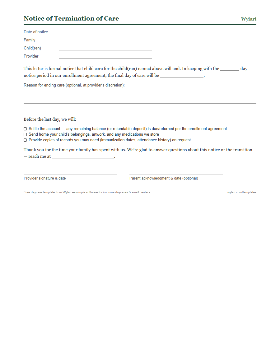 Termination of care notice template preview