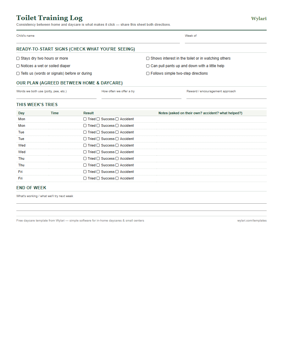 Toilet training log template preview